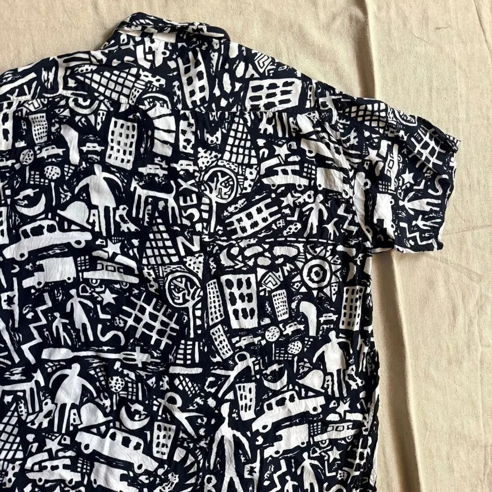 VTG 90s Pink Dragon Neiman Marcus Rayon Abstract City Loop Collar Shirt Men's XL